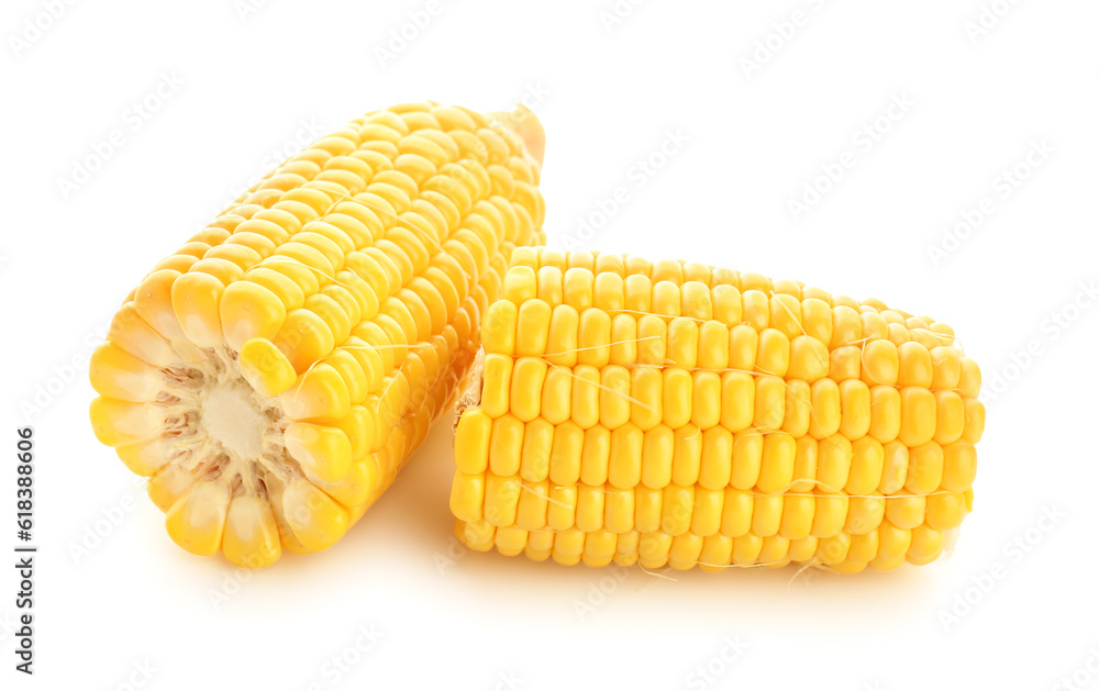 Cut fresh corn cobs on white background