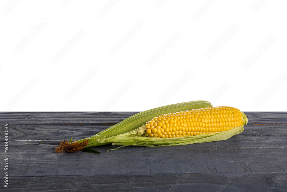 Fresh corn cobs on blue wooden table against white background