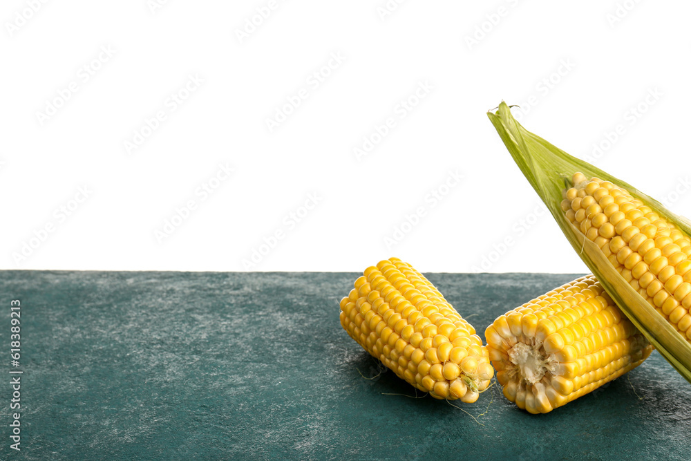 Fresh corn cobs on blue table against white background