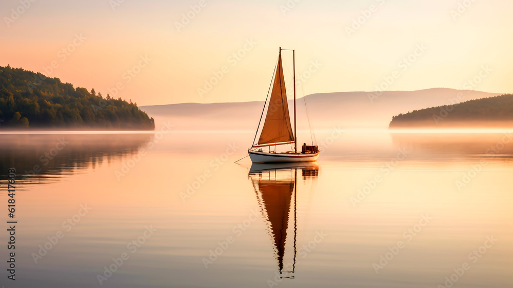 Sailboat on the lake at sunrise.