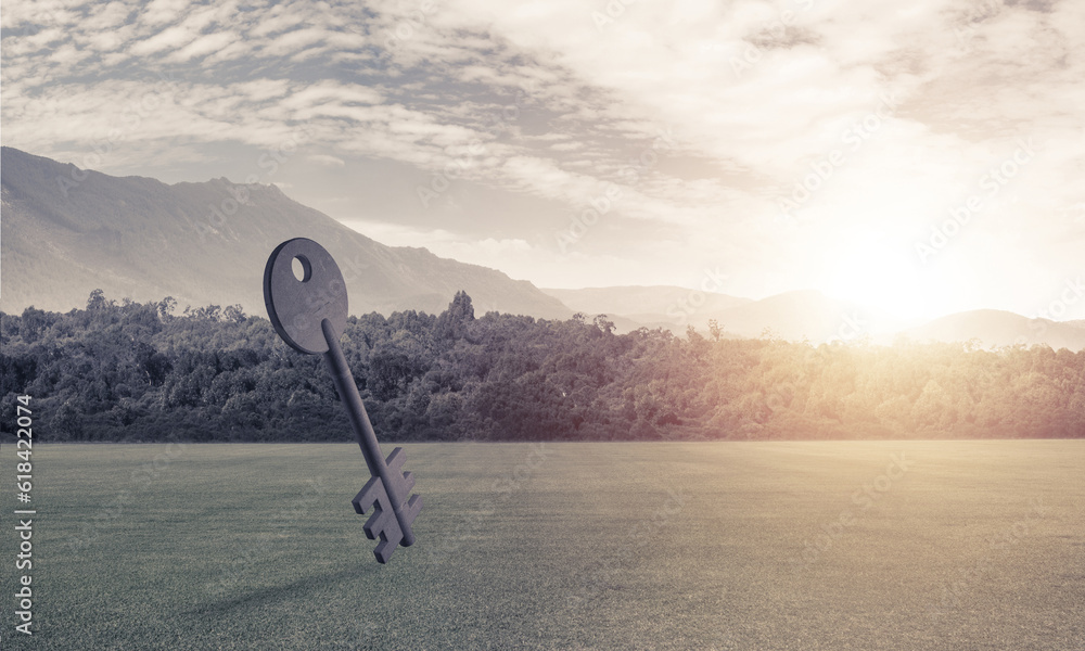 Conceptual background image of concrete key sign on green field