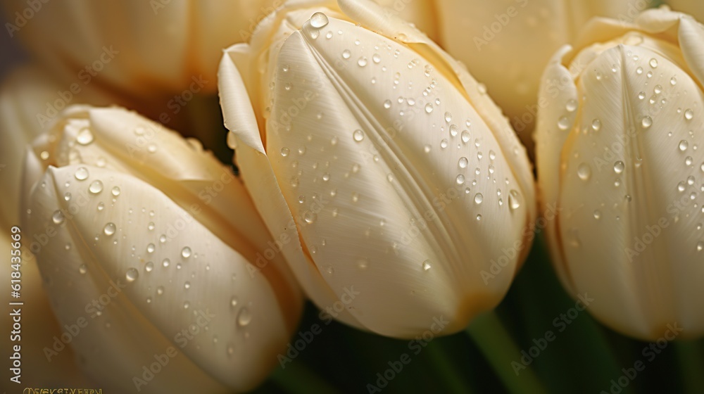 Creamy Tulips flowers with water drops background. Closeup of blossom with glistening droplets. Gene