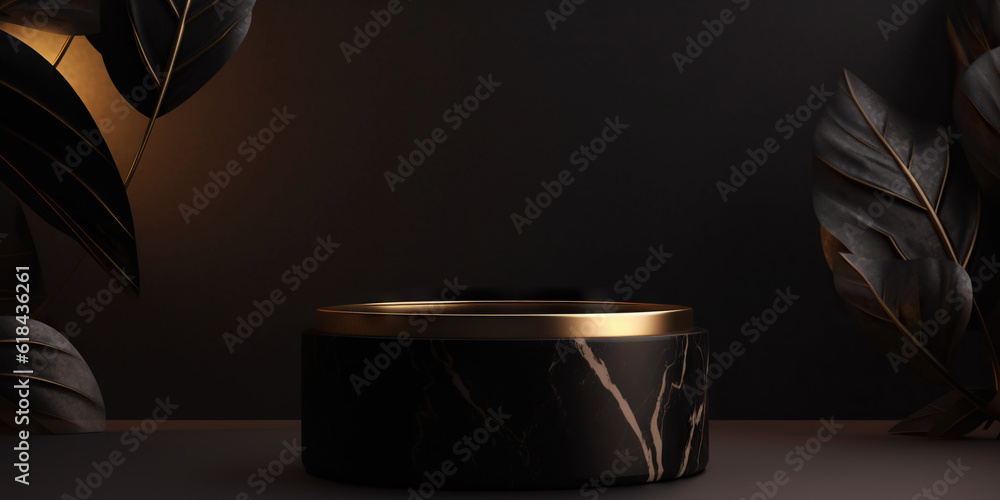 Podium made of black marble with gold, pedestal or platform. Advertising scene. Blank product stand.