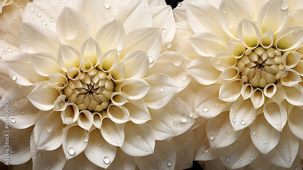 Creamy Dahlia flowers with water drops background. Closeup of delicate blossom with glistening dropl