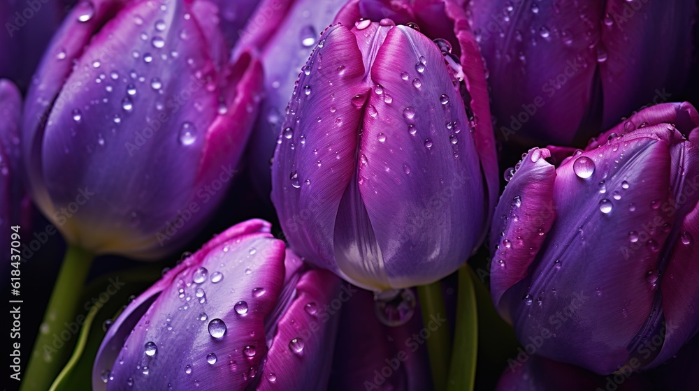 Purple Tulips flowers with water drops background. Closeup of blossom with glistening droplets. Gene