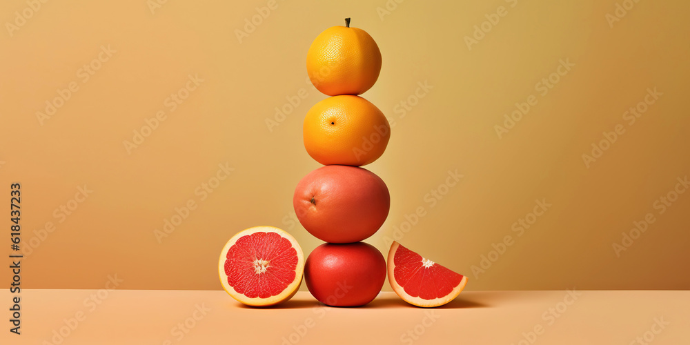 Equilibrium food balance diet concept. Balancing pyramid or tower of fruits. Generative AI