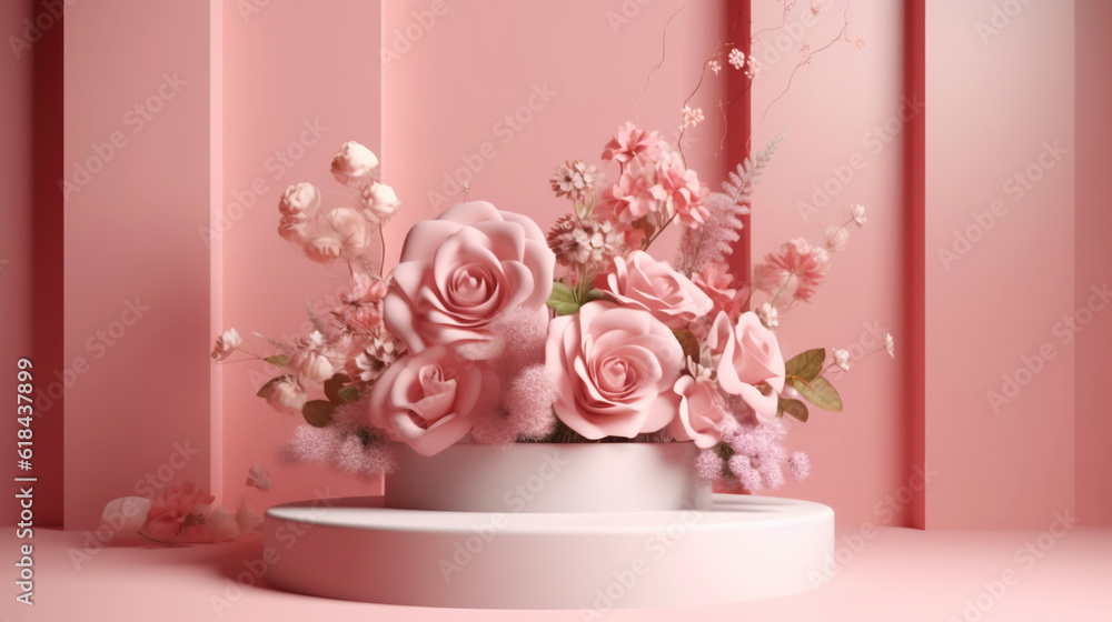 Podium with pink roses on pastel pink background to display products, gift or cosmetics. Generative 