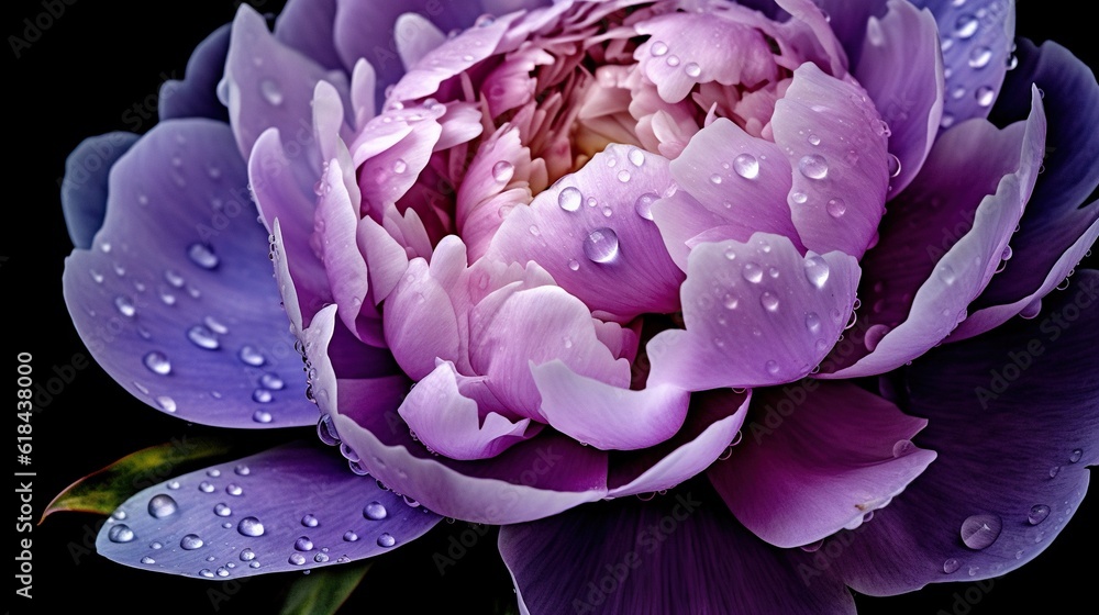 Purple Peony flowers with water drops background. Closeup of blossom with glistening droplets. Gener