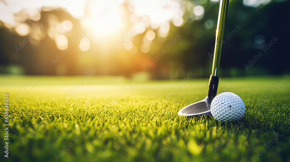 Golf club and golf ball on green grass background. Blurred backdrop. Outdoor sport on a sunny day. G