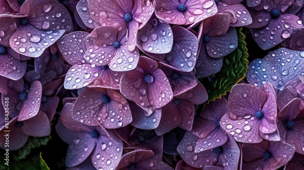 Purple Hydrangeas flowers with water drops background. Closeup of blossom with glistening droplets. 