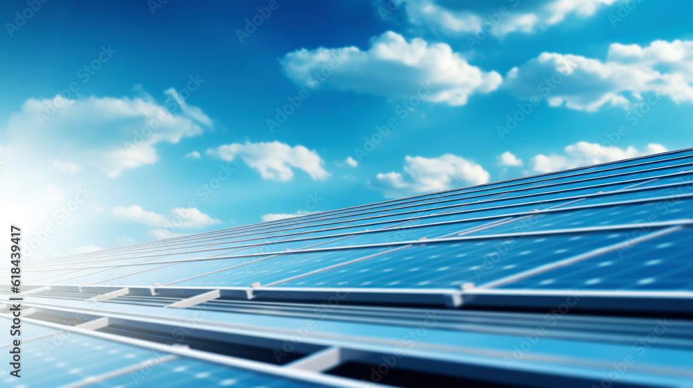 Closeup of Solar panels against blue sky with clouds. Solar energy generation. Renewable energetics.