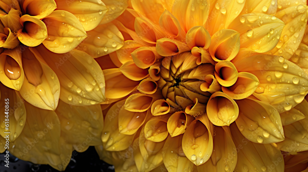 Yellow Dahlia flowers with water drops background. Closeup of delicate blossom with glistening dropl