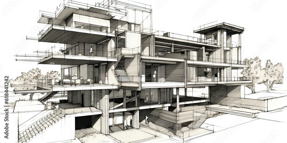 Detailed pencil sketch of modern suburban house. Abstract imaginary building concept. Generative AI