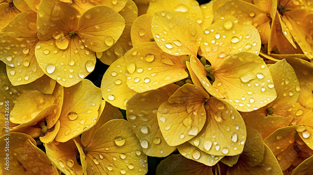 Yellow Hydrangeas flowers with water drops background. Closeup of blossom with glistening droplets. 