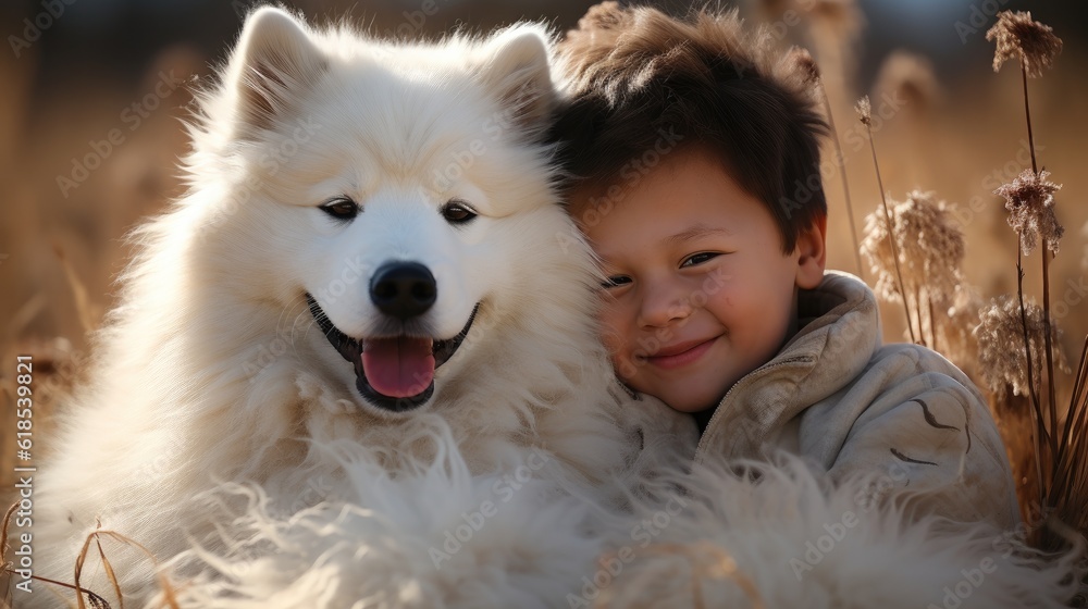 Little boy lovingly embraced white fluffy Samoyed dog, Friendship between man and animal.