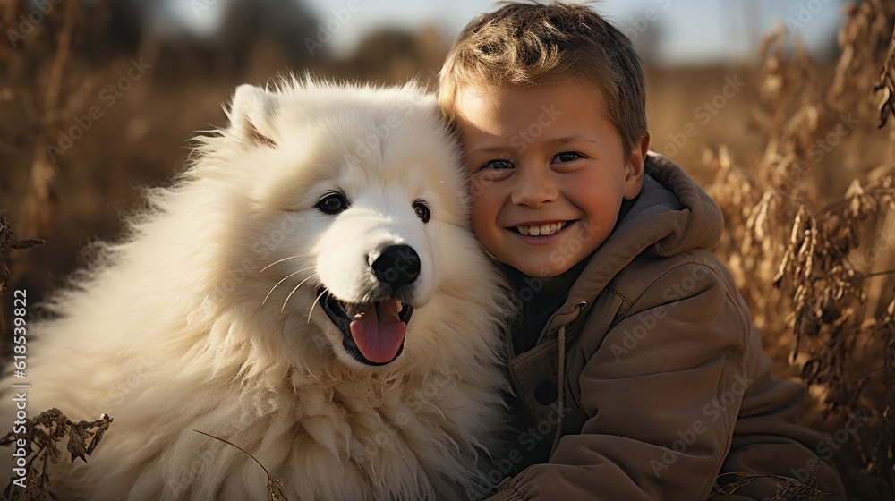 Little boy lovingly embraced white fluffy Samoyed dog, Friendship between man and animal.