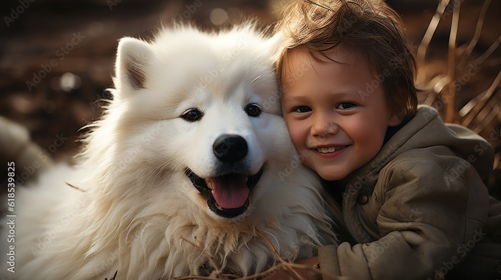 Little boy lovingly embraced white fluffy Samoyed dog, Friendship between man and animal.