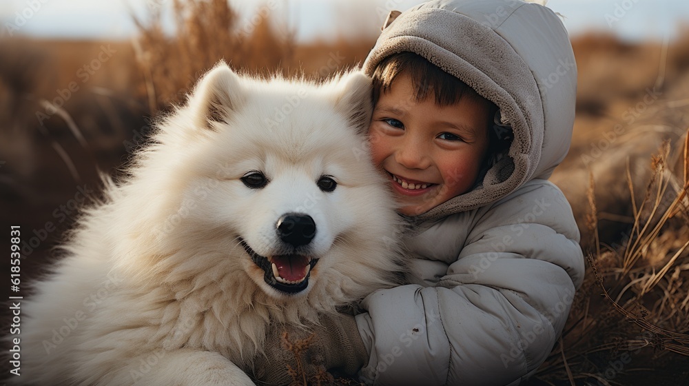 Little boy lovingly embraced white fluffy Samoyed dog, Friendship between man and animal.