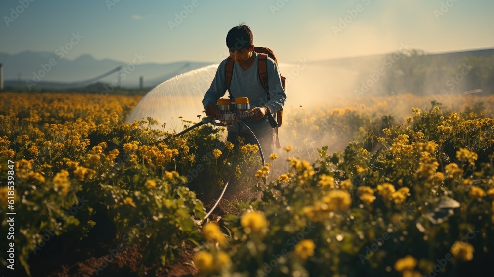 Farmer spraying pesticides in the field.