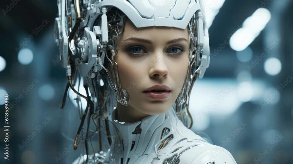 Robot face like real women, Futuristic artificial intelligence robot woman.