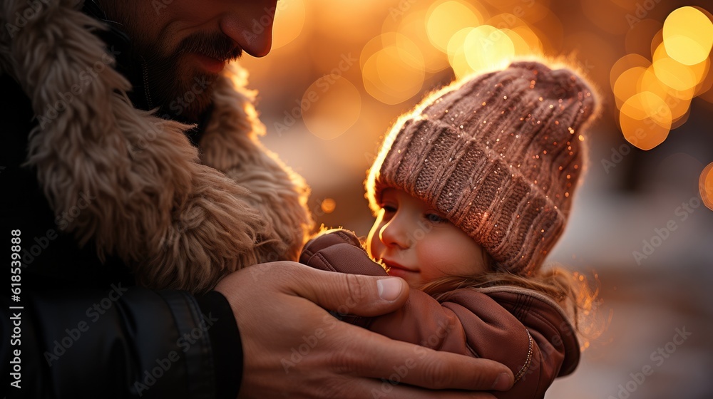 Close up portrait of happy young father hugging and kissing his sweet adorable child, Love and baby 