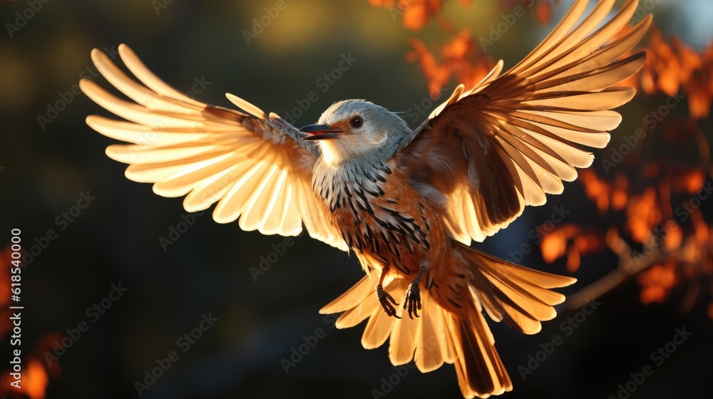 Closeup of the scissor-tailed flycatcher, Tyrannus forficatus flying against a nature background.