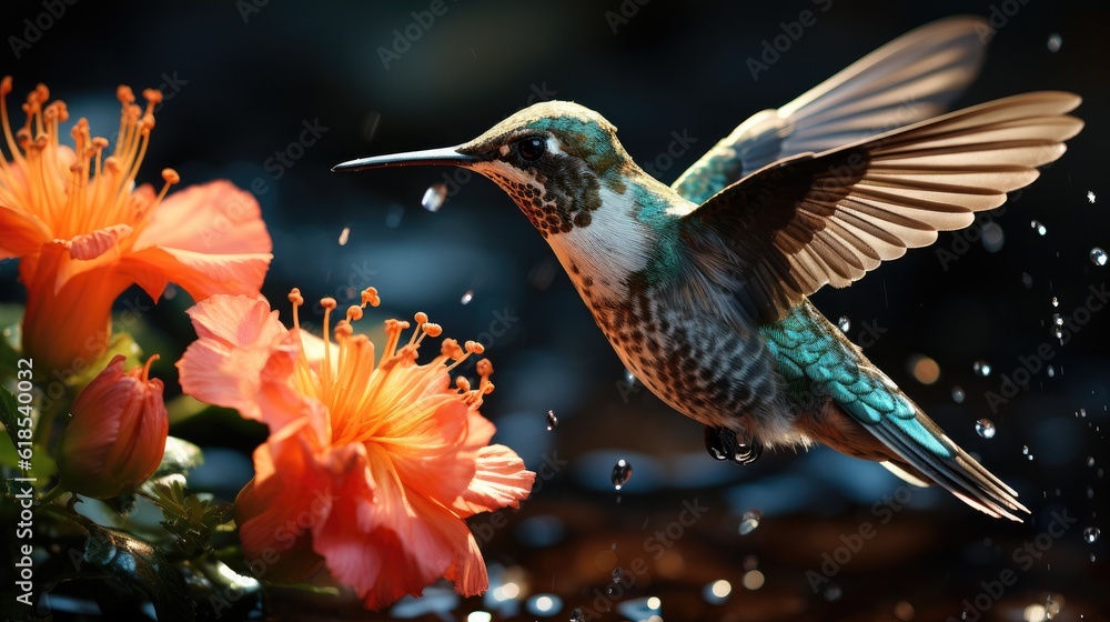 A hummingbird getting food from the flower, Wildlife scene from nature.