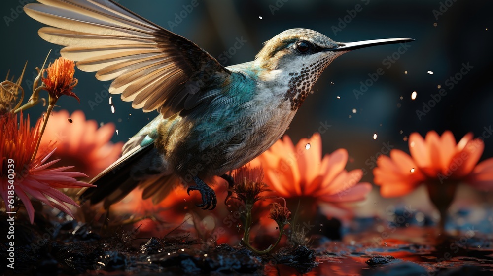 A hummingbird getting food from the flower, Wildlife scene from nature.