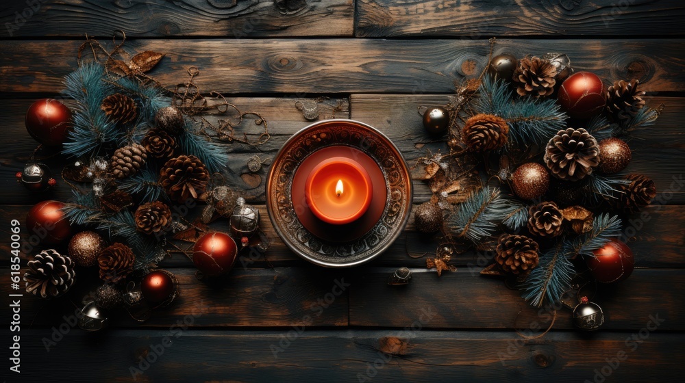 Top view of Christmas decoration with pine cones and candles, Christmas concept.