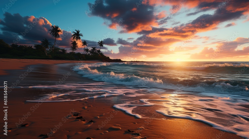 A scenic view of the sunset over the pacific ocean, Colorful horizon over the water.