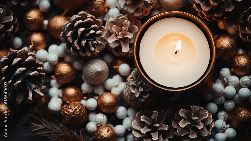 Top view of Christmas decoration with pine cones and candles, Christmas concept.