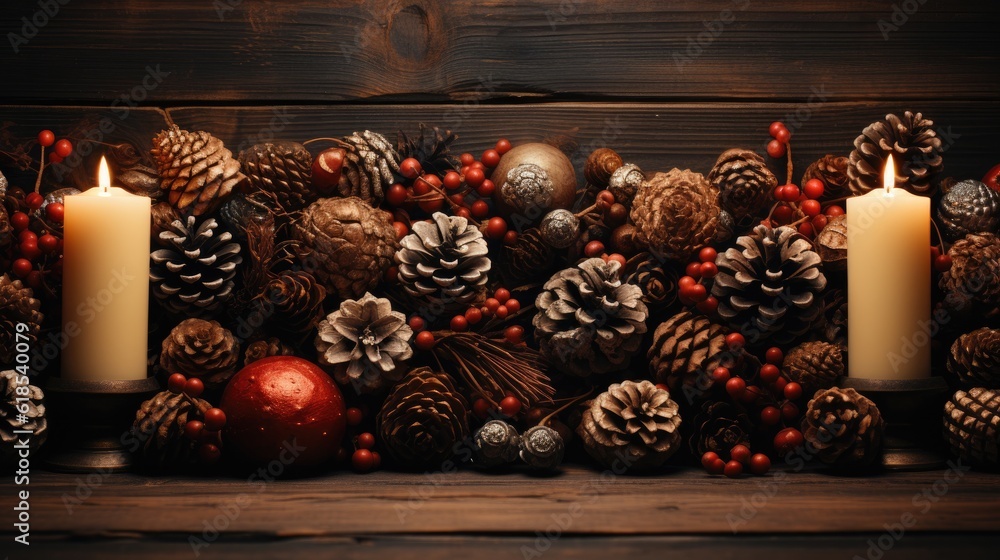 Top view of Christmas decoration with pine cones and candles, Christmas concept.