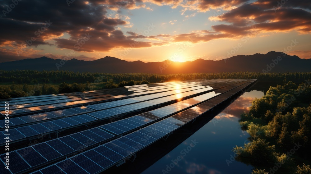 Aerial view of solar power plant with photovoltaic panels mounted on industrial building roof for pr