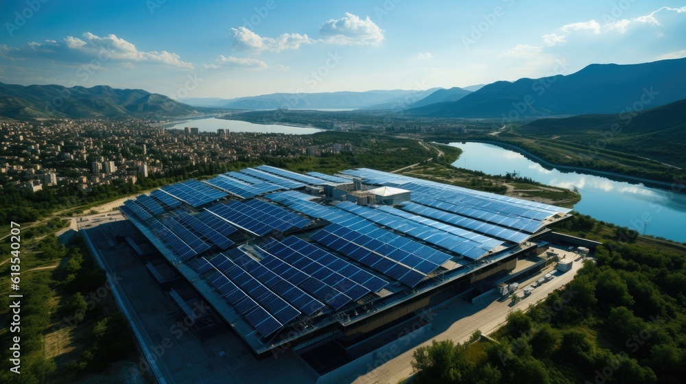 Aerial view of solar power plant with photovoltaic panels mounted on industrial building roof for pr