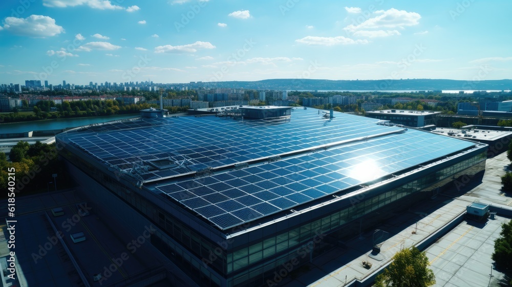 Aerial view of solar power plant with photovoltaic panels mounted on industrial building roof for pr