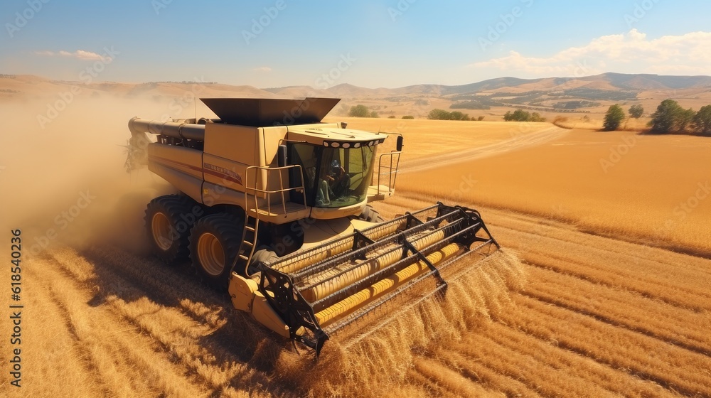 Combine harvester agriculture machine working on ripe wheat field.