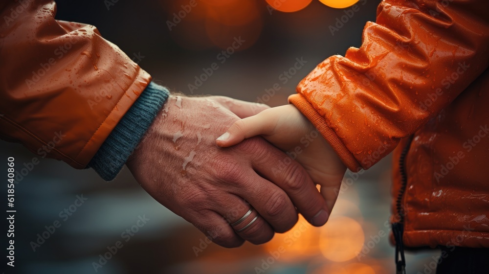 Close up of father holding little boy hand, New family, care, Love and baby protection concept.