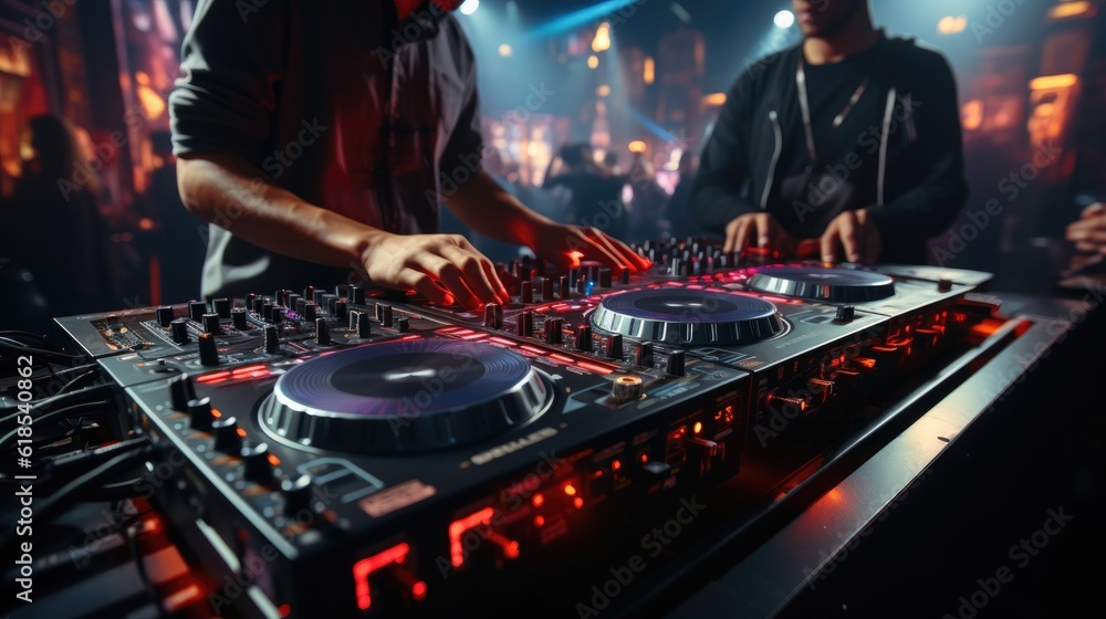 Close up of DJ hands on dj console mixer during concert in the night club, Having fun with fans in c