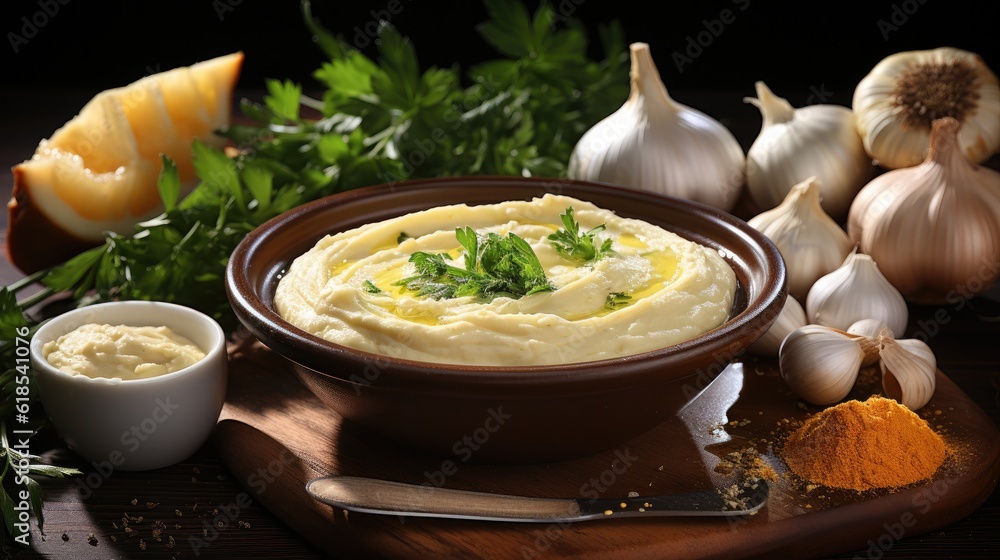 Concept of cooking garlic sauce on wooden background, Cooking garlic sauce..Concept of cooking garli