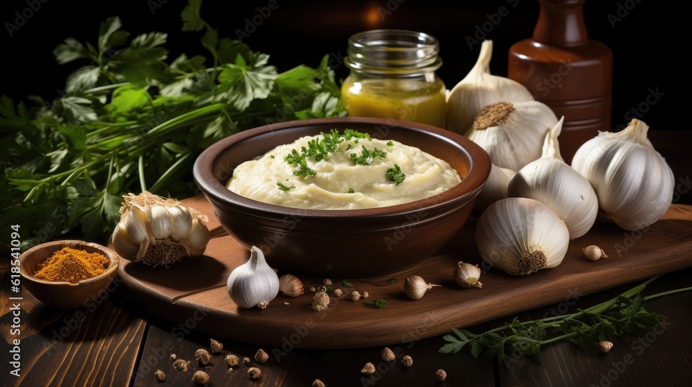 Concept of cooking garlic sauce on wooden background, Cooking garlic sauce..Concept of cooking garli