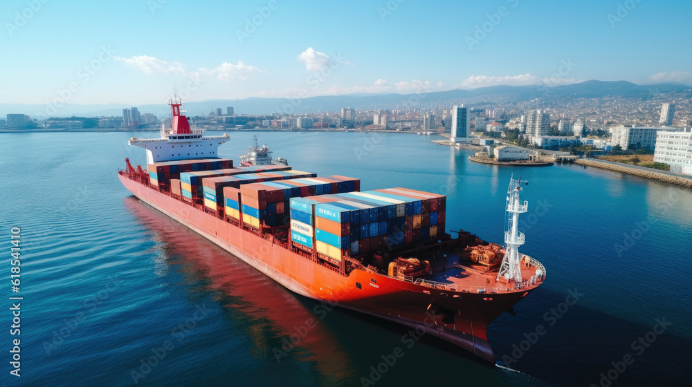 Container cargo ship leaving port. International logistics and transportation import and export.