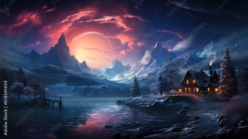 Fantastic winter landscape in snowy mountains and northern light in night sky. Christmas holiday and