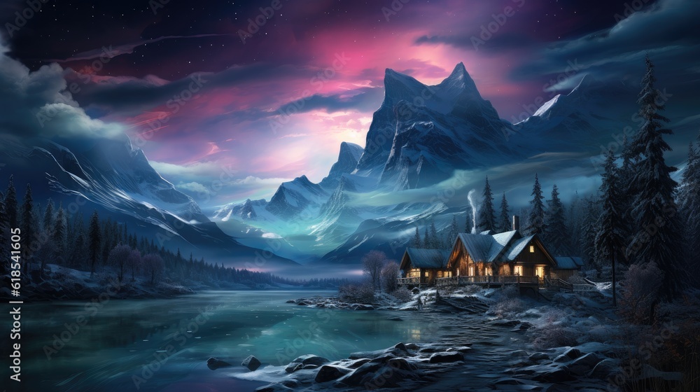 Fantastic winter landscape with wooden house in snowy mountains and northern light in night sky.