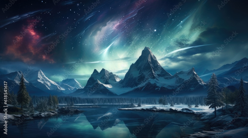 Fantastic winter landscape in snowy mountains and northern light in night sky. Christmas holiday and