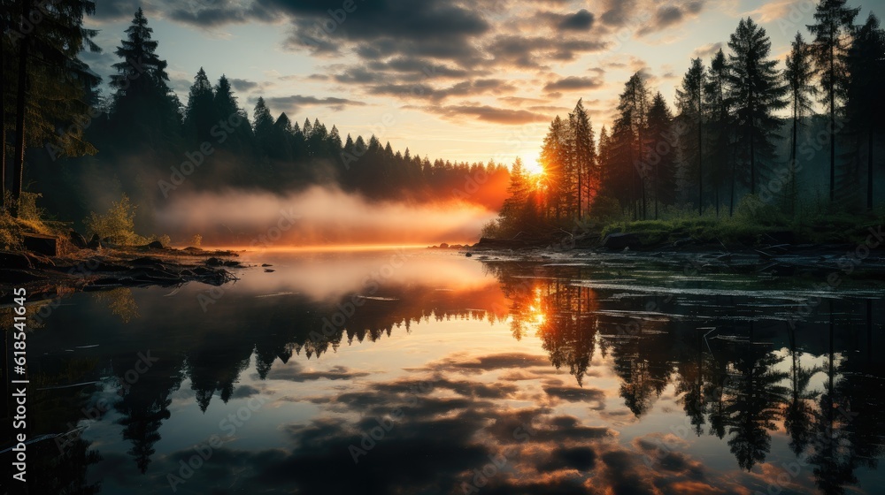 Foggy dawn on a forest lake. First sunbeams in the fog.