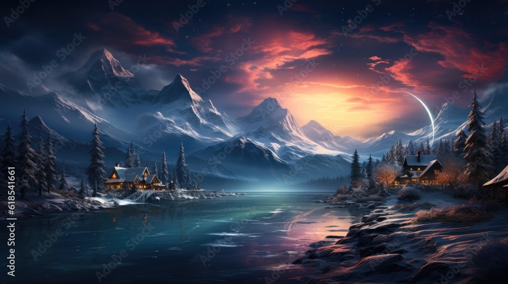 Fantastic winter landscape in snowy mountains and northern light in night sky. Christmas holiday and