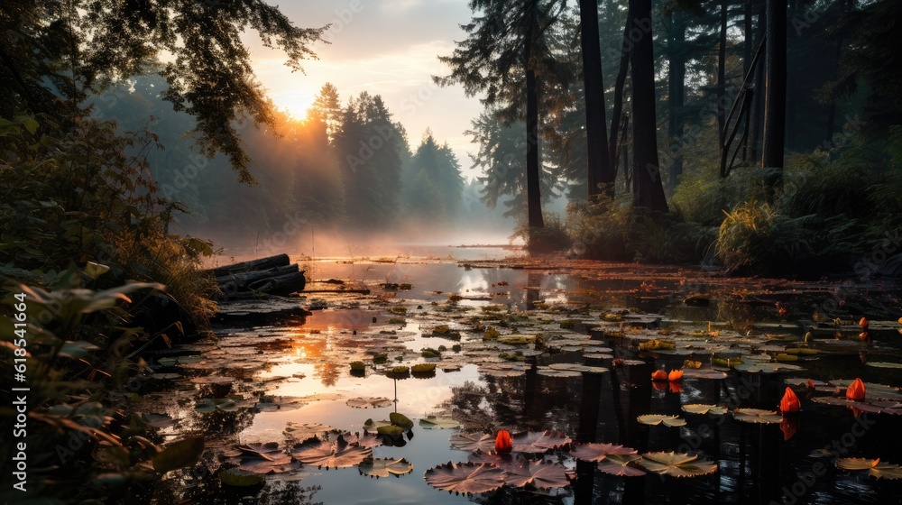 Foggy dawn on a forest lake. First sunbeams in the fog.