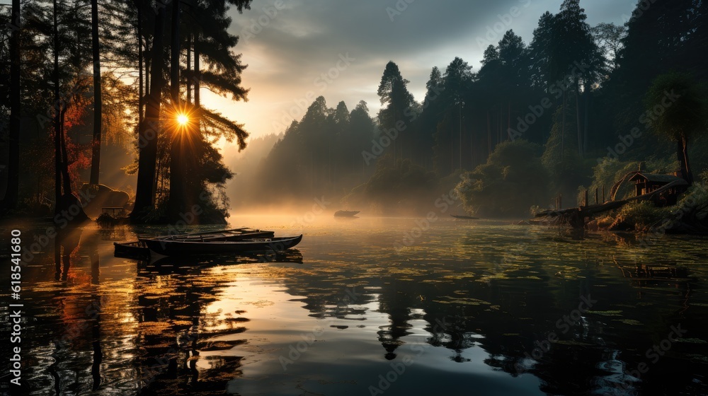 Foggy dawn on a forest lake. First sunbeams in the fog.