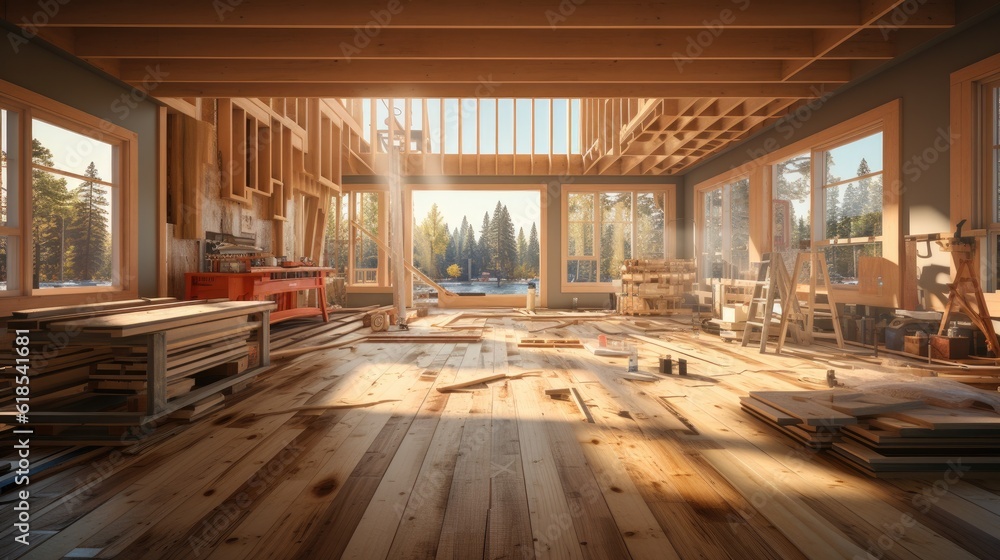 Framing beam of new house under construction home beam construction, Interior frame of new house.