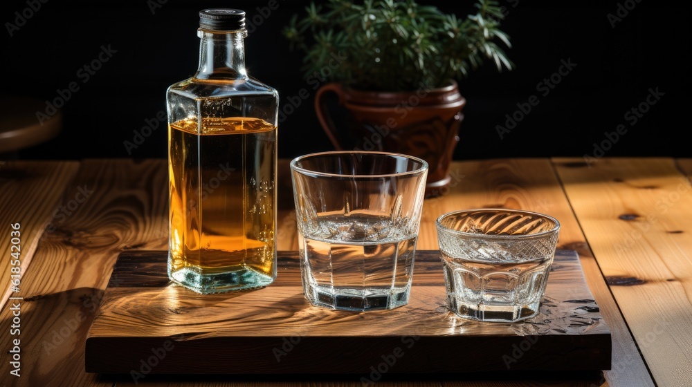 Glass of water with a bottle on table.